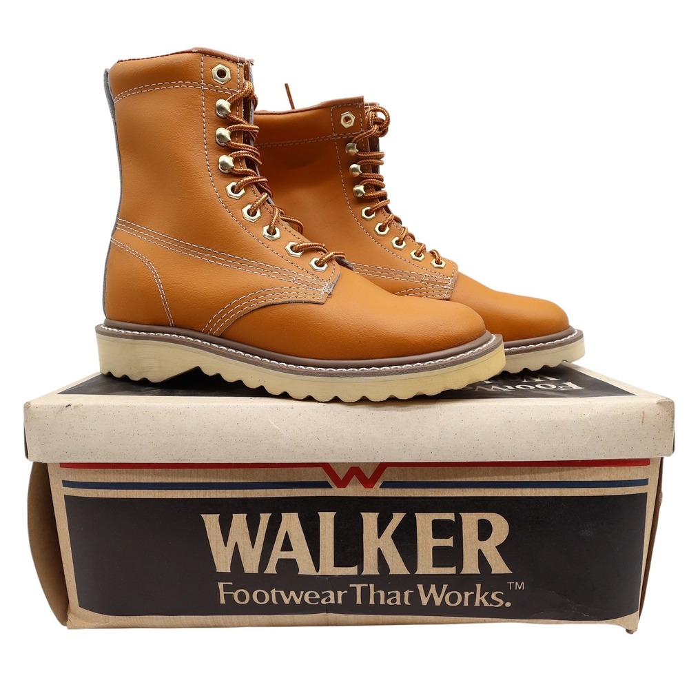 Walker Vintage 80s Work Boots Mens 3 E Tan Leather Deadstock New